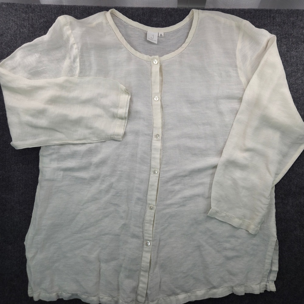 Jones New York XL White Linen Silk Blend Button Front Blouse Coastal Chic Top
